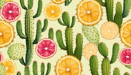 Sticker -  a painting of a cactus, oranges, and cacti on a light green background with pink, yellow, green, and orange slices of the same color.