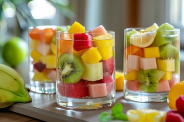 Wall Mural - Two glasses of fresh fruit salad with kiwi, mango, and melon on a wooden table with blurred background.