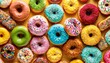  a bunch of different kinds of doughnuts with sprinkles on top of one of the doughnuts is pink, blue, green, yellow, pink, red, orange, yellow, and white, and green.