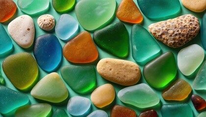 Canvas Print -  a close up of a bunch of different colored sea glass pebbles and a starfish on top of one of the many different colors of the sea glass pebbles in the sea glass.