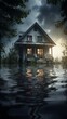 Flooded house in countryside. Night scene. Climate change and natural disasters concept.