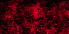 Abstract Dynamic Particles With Soft Red Clouds On Dark Background. Defocused Lights And Dust Particles. Watercolor Wash Aqua Painted Texture Grungy Design.