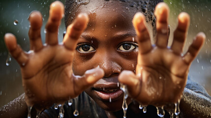 Wall Mural - African child enjoys the clean water, the concept of the urgent need for clean water solutions in African communities