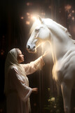 Fototapeta  - Female shamanic spiritual animal healer giving healing energy to a beautiful white horse 
