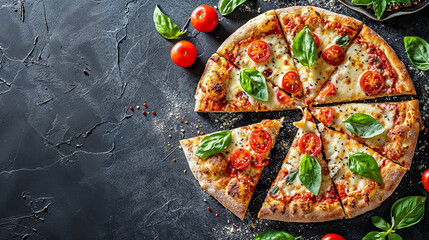 une pizza tomates mozzarella découpée en parts, vu de dessus