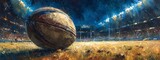 Fototapeta Fototapety sport - Banner. Painted artwork of rugby ball lying on green grass of field illuminated with spotlights at night. Sport games.