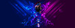 © master1305 - Young girl, professional runner athlete in uniform training, running on gradient background with polygonal and fluid neon elements. Concept of sport, competition, tournament. Banner for sport events