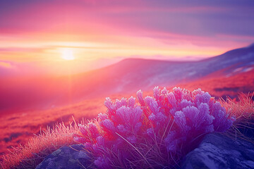 Wall Mural - plants on the ground, frozen purple and red berries, more vivid colours, sunset. AI generative