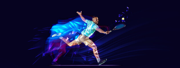 Wall Mural - Sportive w man, tennis player in motion playing on blue background with polygonal and fluid neon elements. Concept of sport, action, competition, tournament. Banner for sport events