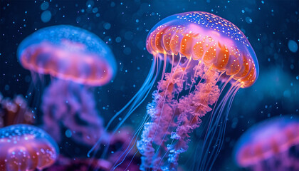 Wall Mural - Jellyfish floating in magical ocean. Beautiful cosmic neon purple sea. collection of animals. 3d animation of a seamless loop. Underwater world glowing fish in the water. Marine life. Pink,blue 