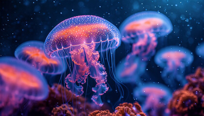 Wall Mural - Jellyfish floating in magical ocean. Beautiful cosmic neon purple sea. collection of animals. 3d animation of a seamless loop. Underwater world glowing fish in the water. Marine life. Pink,blue 