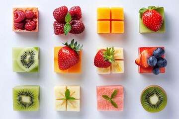 Wall Mural - Assorted fresh fruits arranged in colorful cubes on a white background.