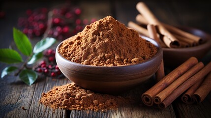 Wall Mural - Closeup photo of cinnamon powder in a bowl. Cinnamon sticks on a wooden table.