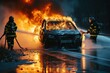 Firefighters extinguish a fire in a car after a car accident