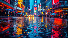 Wet Asphalt Gives The City Landscape A Hypnotizing Look, Reflecting The Brilliance Of Advertising