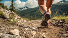 Male Feet Run Through Rocky Terrain. Cross Country Running With Focus On Legs
