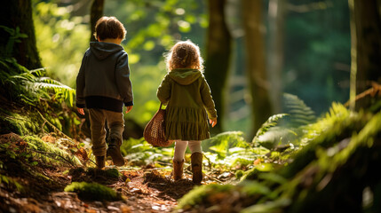 Wall Mural - kids walking in the woods