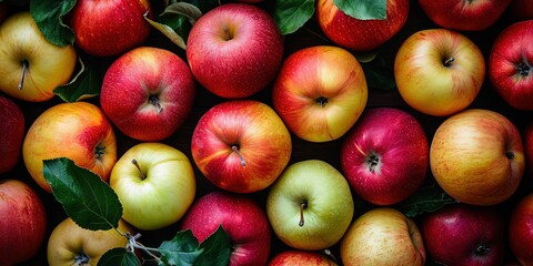 Wall Mural - Fresh apples with leaves from a tree , fruit , healthy lifestyle , background , wallpaper.