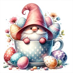 Wall Mural - An illustration of a gnome with its hat covering its face in a teacup surrounded by easter eggs, rendered in watercolor style.