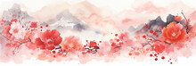 Cherry Blossom Watercolor Painting In Red Tone. Chinese New Year Background With Copy Space. Generative AI.