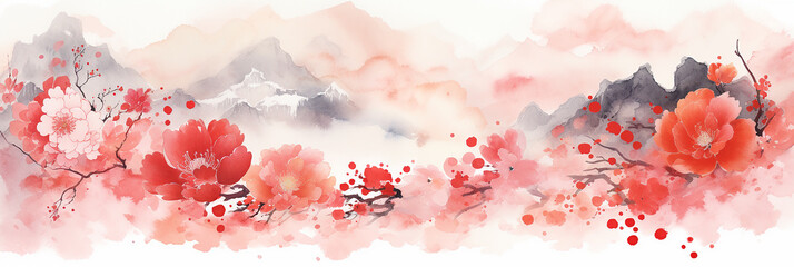 Cherry blossom watercolor painting in red tone. Chinese New Year background with copy space. Generative AI.