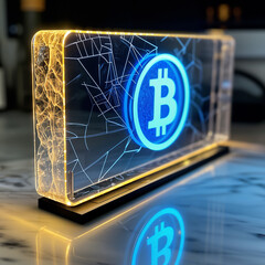 Wall Mural - Cold wallet for cryptocurrencies with bitcoin logo made of illuminated glass in blue