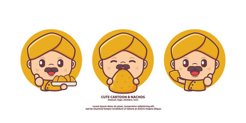 Wall Mural - cute chef cartoon in yellow uniform with nachos. food vector illustration