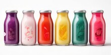 Colorful Glass Cans, Bottles Isolated On Gray Background, Brand Less Smoothie Shake. Mockup.

