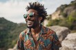 Portrait of a grinning afro-american man in his 50s wearing a trendy sunglasses against a rocky cliff background. AI Generation