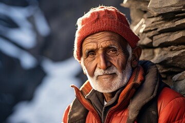 Wall Mural - Portrait of a content indian elderly man in his 90s dressed in a warm ski hat against a rocky cliff background. AI Generation