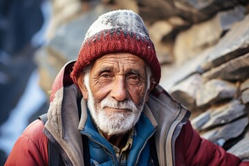 Wall Mural - Portrait of a content indian elderly man in his 90s dressed in a warm ski hat against a rocky cliff background. AI Generation