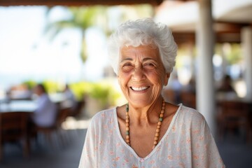 Wall Mural - Portrait of a grinning elderly woman in her 90s donning a classy polo shirt against a bustling beach resort background. AI Generation