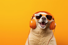 Cheerful Dog Listens To Music With Trendy Sunglasses On A Yellow Background