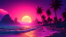 Tropical Beach And Palm Tree Background. Retro Tone Color Style. Summer Vacation Concept. Generative Ai.