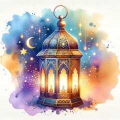 Wall Mural - Watercolor Ramadan Lantern with shining starlight