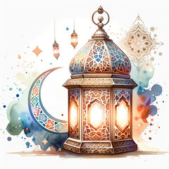Wall Mural - Ramadan Vintage Lantern with Crescent Moon in Watercolor
