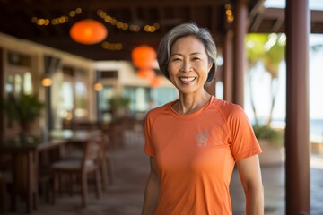 Wall Mural - Portrait of a cheerful asian woman in her 50s wearing a moisture-wicking running shirt against a tropical beach bar background. AI Generation