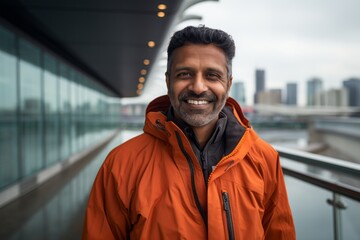 Wall Mural - Portrait of a grinning indian man in his 40s wearing a functional windbreaker against a modern cityscape background. AI Generation