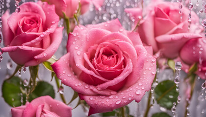 Wall Mural - Beautiful pink roses with water drops