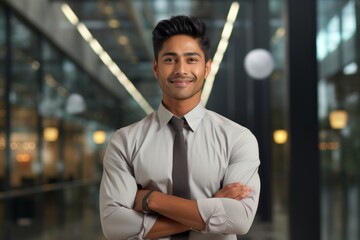 Wall Mural - Portrait of a cheerful indian man in his 30s donning a trendy cropped top against a sophisticated corporate office background. AI Generation