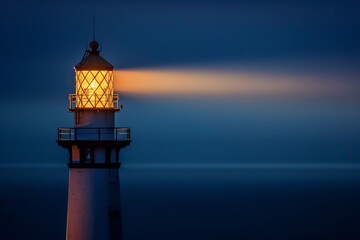 Close-up of a lighthouse beam at night, illuminating the dark ocean and sky.