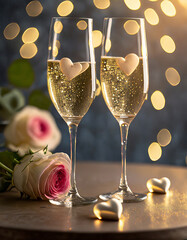 Valentine's Day, wedding, birthday celebration holiday greeting card banner concept - Clinking glasses, sparkling wine or champagne glasses and red roses on table with bokeh lights in the background