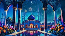 Video Animation Of Mosque Buildings For The Celebration Of The Big Day Of Ramadan With A Nighttime Atmosphere Filled With Light And Beauty At Night