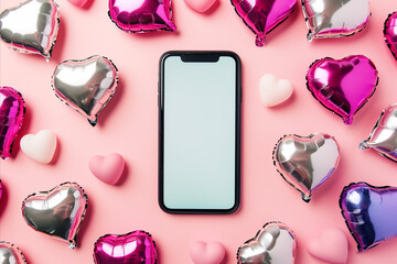 Wall Mural - flat lay view of a mobile phone mockup surrounded by valentine heart shaped balloons