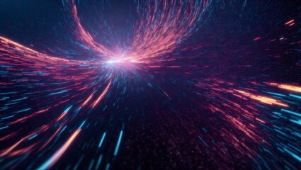 Poster - Cosmic Stream: A mesmerizing abstract image of vibrant pink and blue light streaks converging towards a central point, creating a dynamic and ethereal vortex of energy. The dark background amplifies t