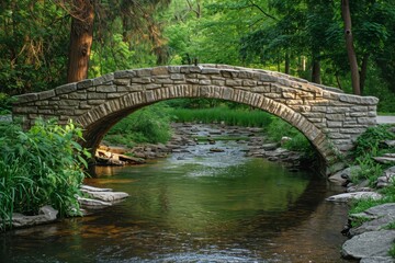 Detailed image of an old stone bridge over a peaceful stream, highlighting the historic architecture.