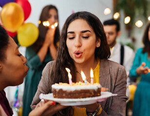 Wall Mural - Celebratory moment. Woman blowing out candles on birthday cake