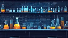 Chemistry Laboratory Interior, Lab Equipment Drawing, Glass Bottles And Experiment Flasks 