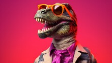Old School Cool With Dinosaur Wearing Sunglasses In Studio On Vibrant Background