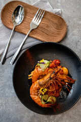 Wall Mural - Grilled tiger prawns with sweet and sour sauce on plate